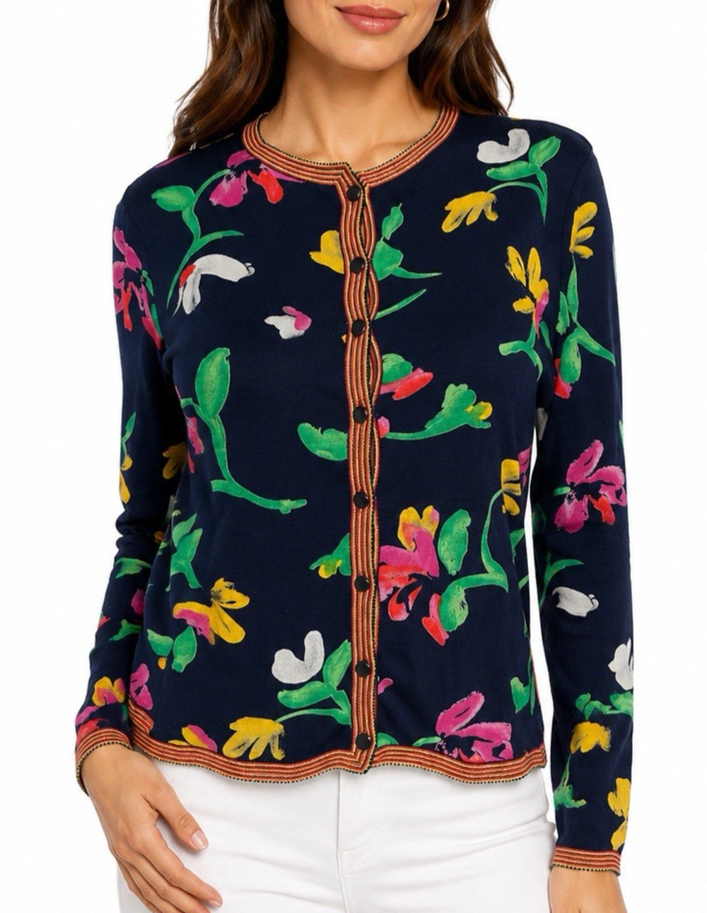 Emanuel Ungaro Sweater Cardigan Floral Vintage Silk Knit 12 L Navy Multi Color